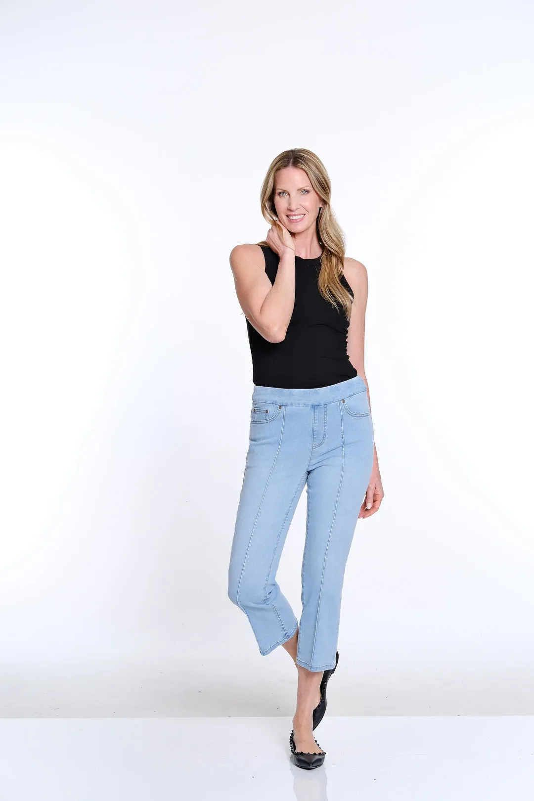 Slimsation Pintuck Flare Leg Crop Jean - Light Indigo
