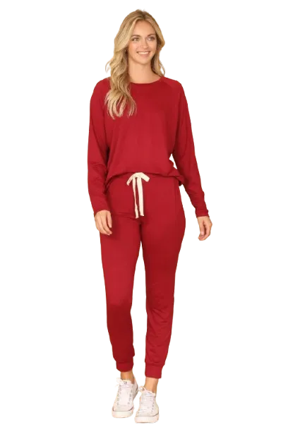 Solid Long Sleeve Top and Joggers Set with Self Tie Wine - Pack of 6