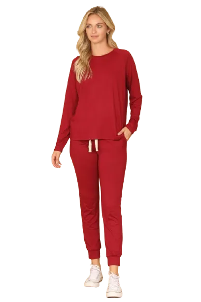 Solid Long Sleeve Top and Joggers Set with Self Tie Wine - Pack of 6