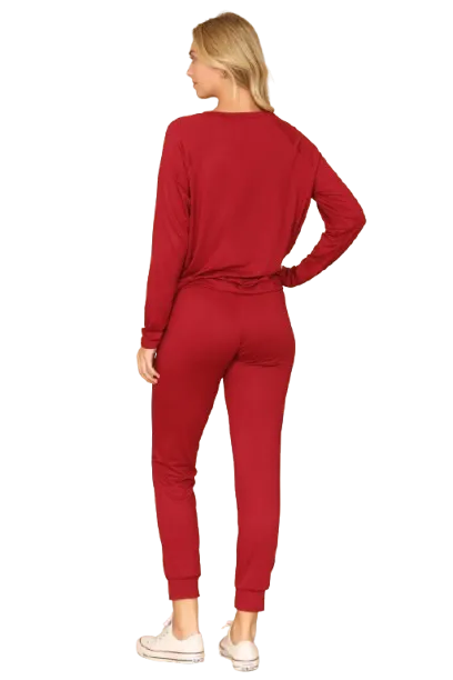 Solid Long Sleeve Top and Joggers Set with Self Tie Wine - Pack of 6