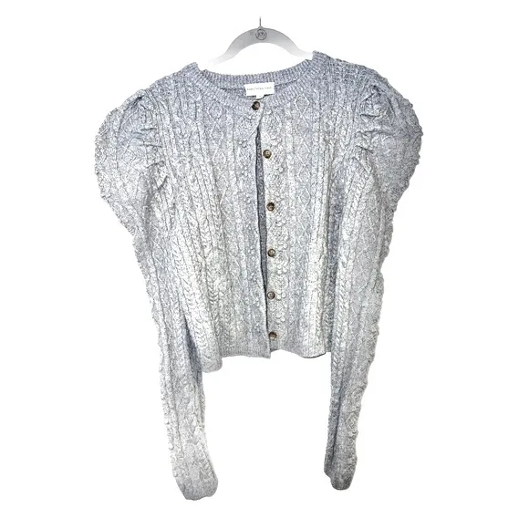 Something Navy Charlie Puff Shoulder‎ Cable Knit Cardigan Light Gray