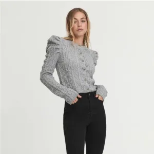 Something Navy Charlie Puff Shoulder‎ Cable Knit Cardigan Light Gray