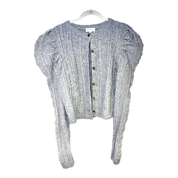 Something Navy Charlie Puff Shoulder‎ Cable Knit Cardigan Light Gray