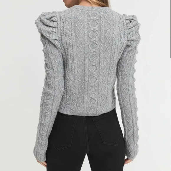 Something Navy Charlie Puff Shoulder‎ Cable Knit Cardigan Light Gray