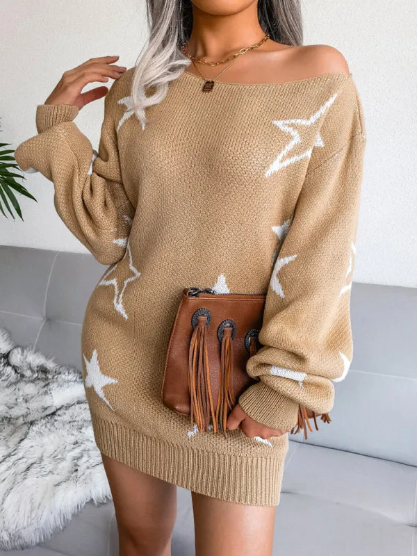 Star Print Off-Shoulder Knit Mini Dress with Straight Neck