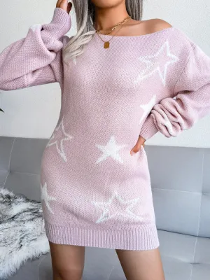 Star Print Off-Shoulder Knit Mini Dress with Straight Neck