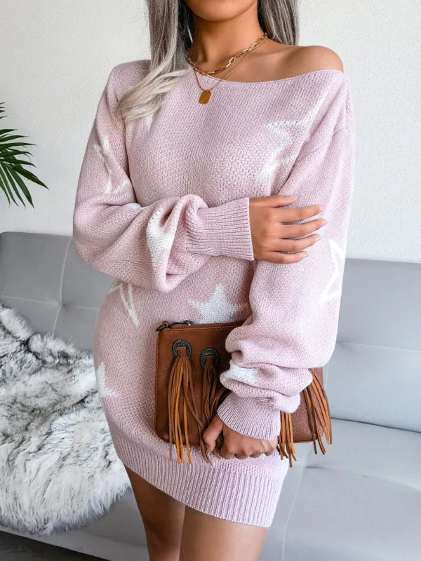 Star Print Off-Shoulder Knit Mini Dress with Straight Neck