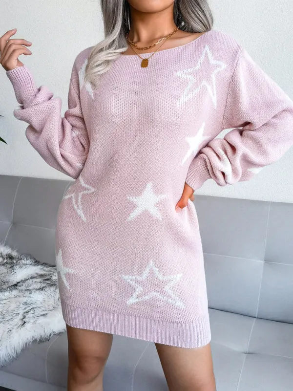 Star Print Off-Shoulder Knit Mini Dress with Straight Neck
