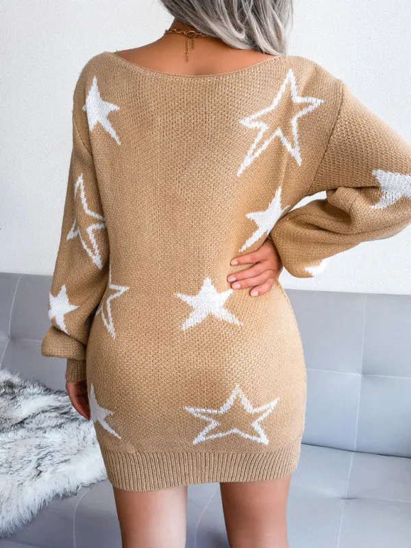 Star Print Off-Shoulder Knit Mini Dress with Straight Neck