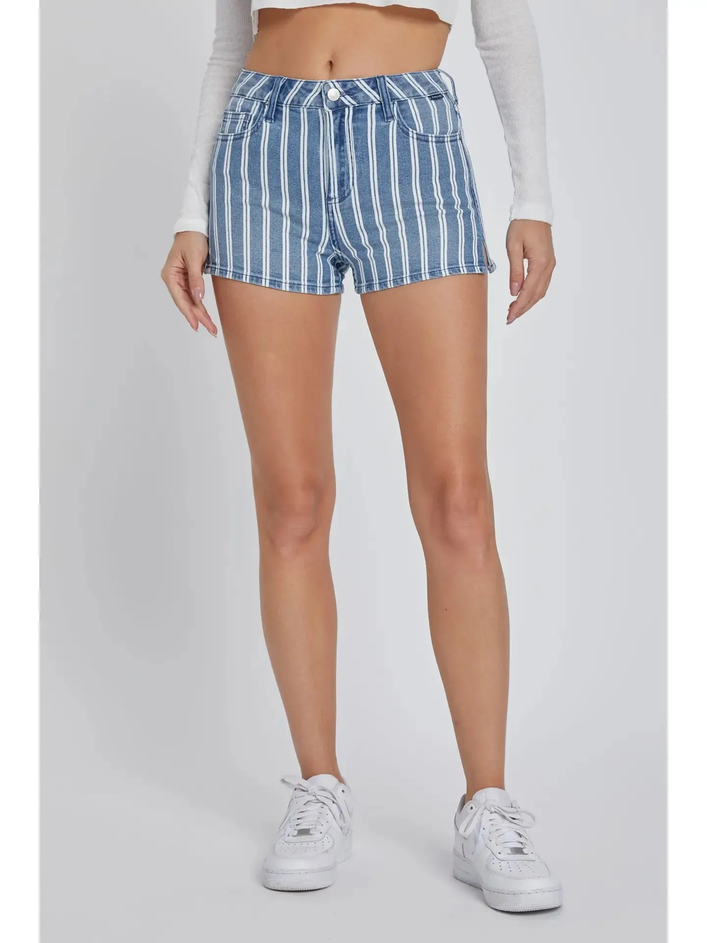 Stripe High Rise Shorts with Clean Hem