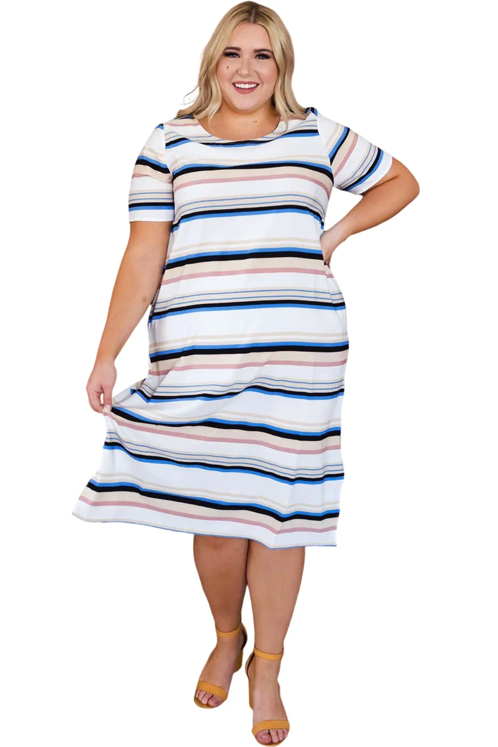 Striped Print Splits Short Sleeve Plus Size Midi Dress