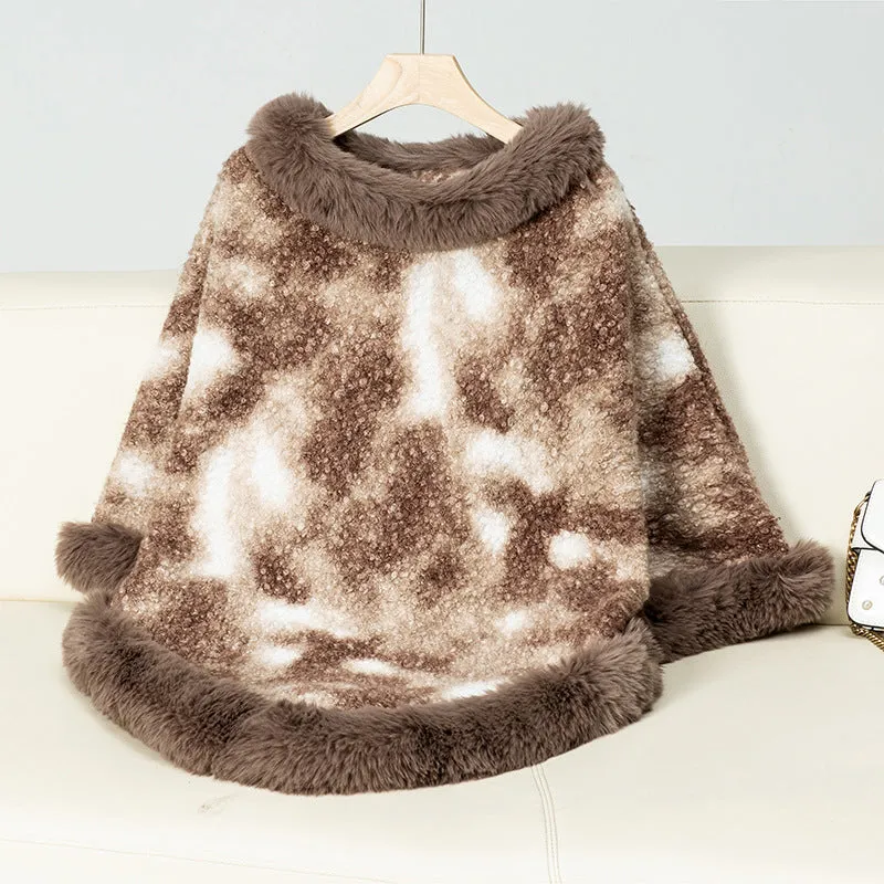 Stylish Pullover Cloak with Mottled Color Print and Faux Fur Trim