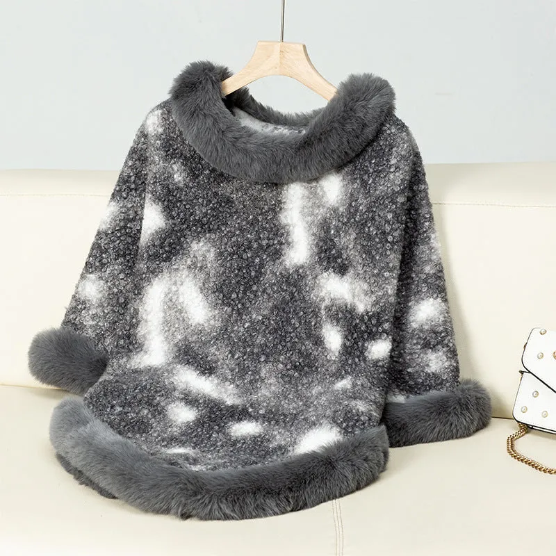 Stylish Pullover Cloak with Mottled Color Print and Faux Fur Trim