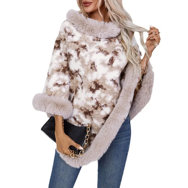 Stylish Pullover Cloak with Mottled Color Print and Faux Fur Trim