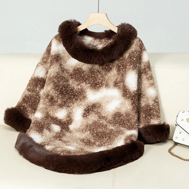 Stylish Pullover Cloak with Mottled Color Print and Faux Fur Trim
