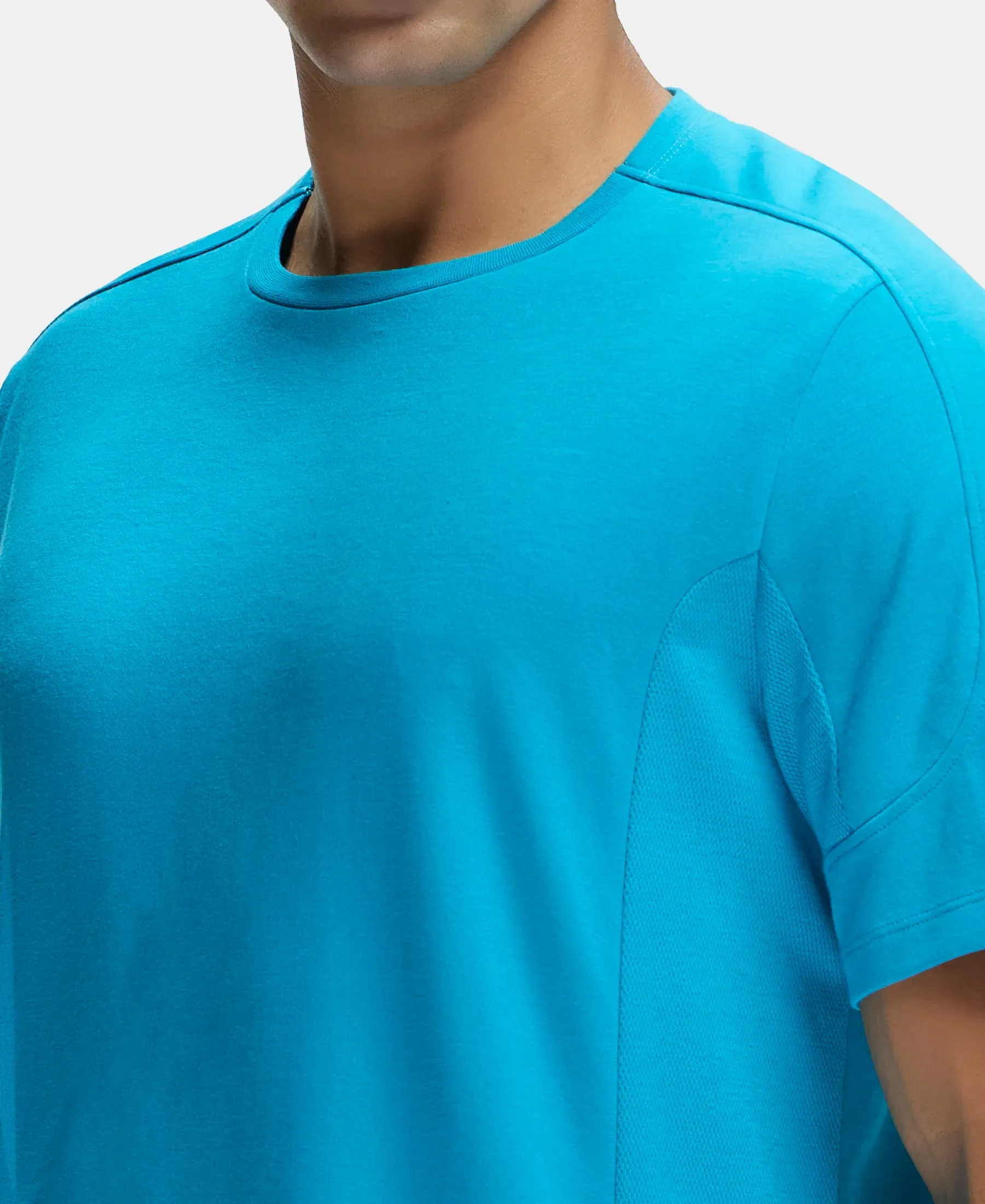Super Combed Cotton Blend Solid Round Neck Half Sleeve T-Shirt with Breathable Mesh - Caribbean Sea