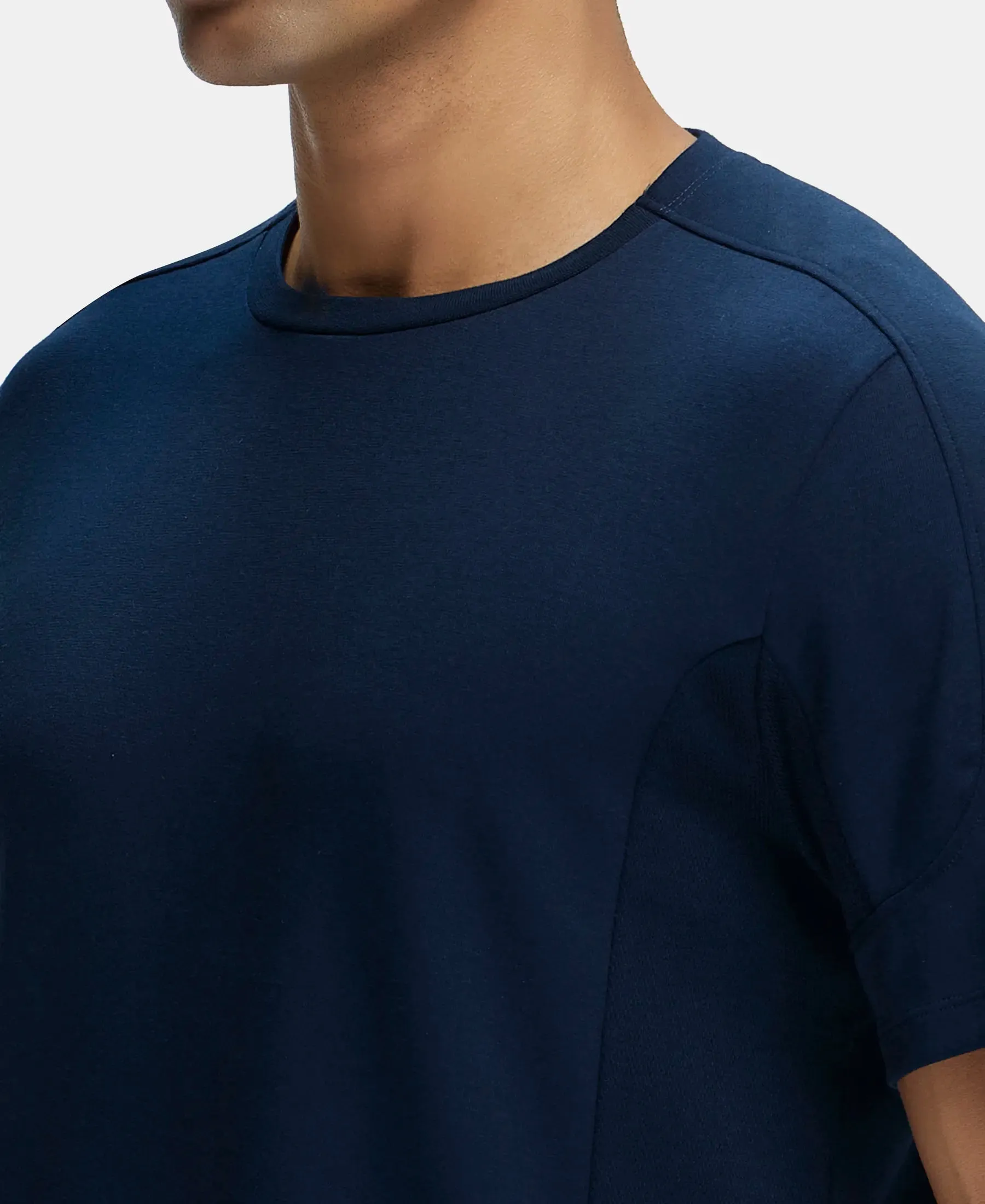 Super Combed Cotton Blend Solid Round Neck Half Sleeve T-Shirt with Breathable Mesh - Navy