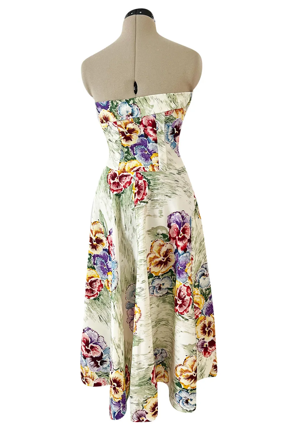 Sweetest 1950s Party Lines by Emma Domb Pansy Print Strapless Dress w Full Skirt