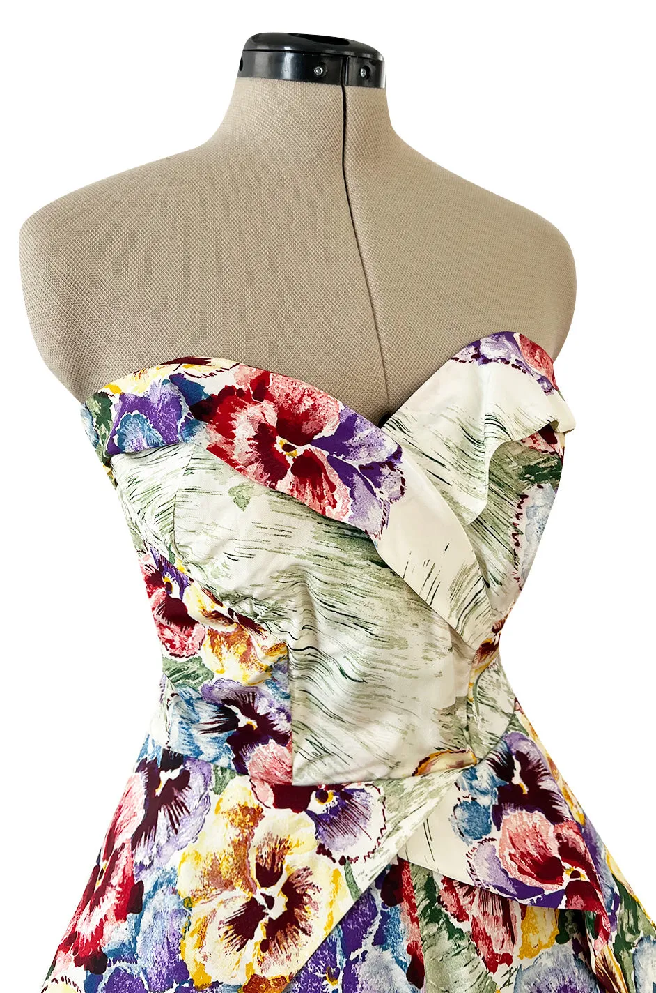 Sweetest 1950s Party Lines by Emma Domb Pansy Print Strapless Dress w Full Skirt
