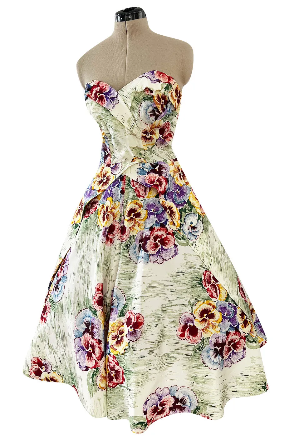 Sweetest 1950s Party Lines by Emma Domb Pansy Print Strapless Dress w Full Skirt