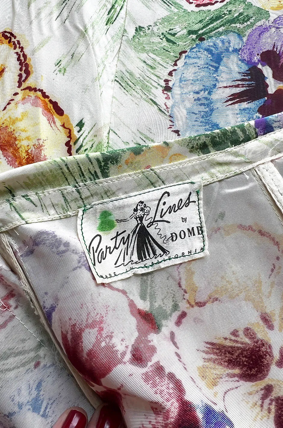Sweetest 1950s Party Lines by Emma Domb Pansy Print Strapless Dress w Full Skirt