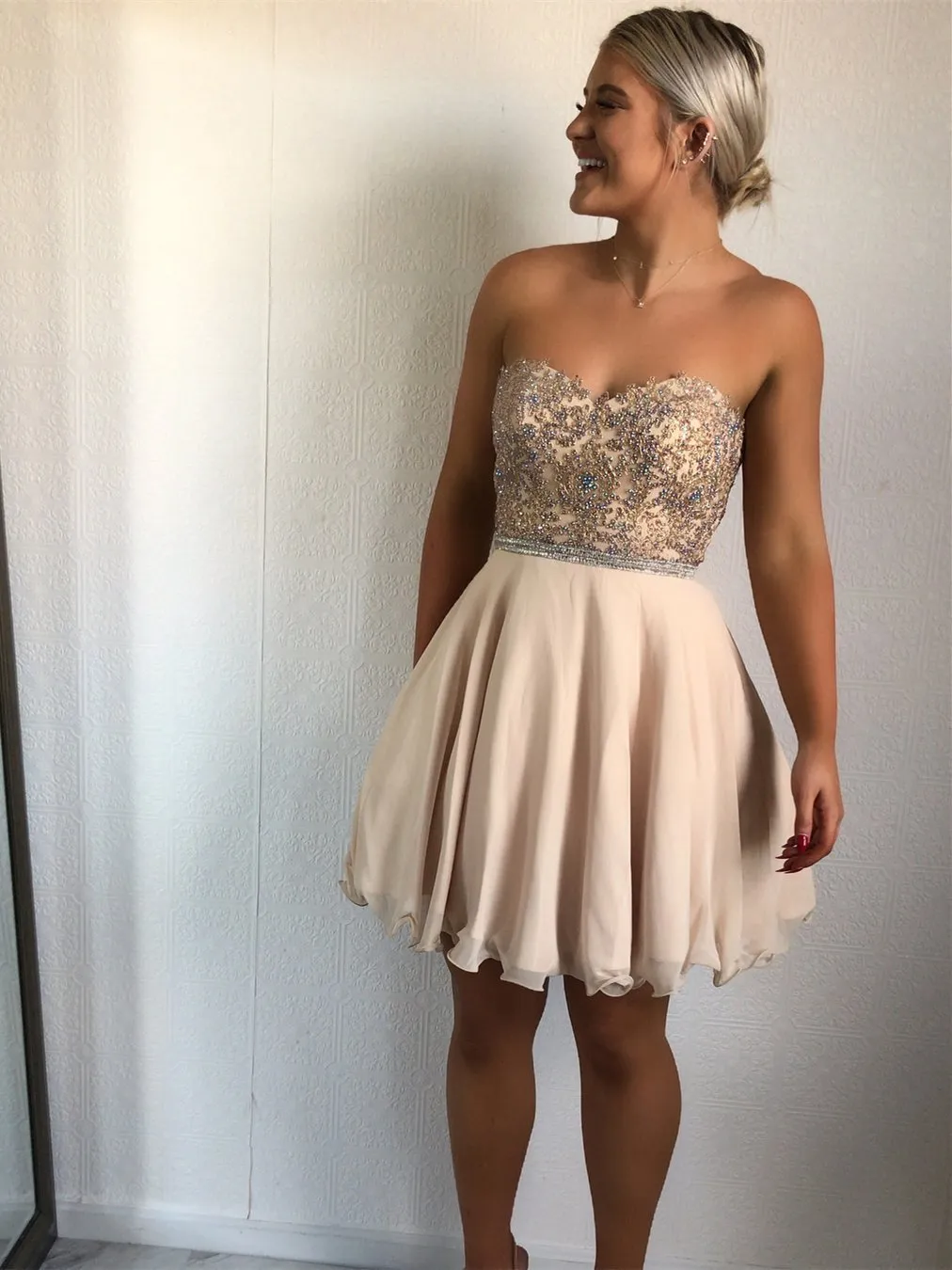 Sweetheart Lace Beaded Short Cheap Homecoming Dresses Online, CM581