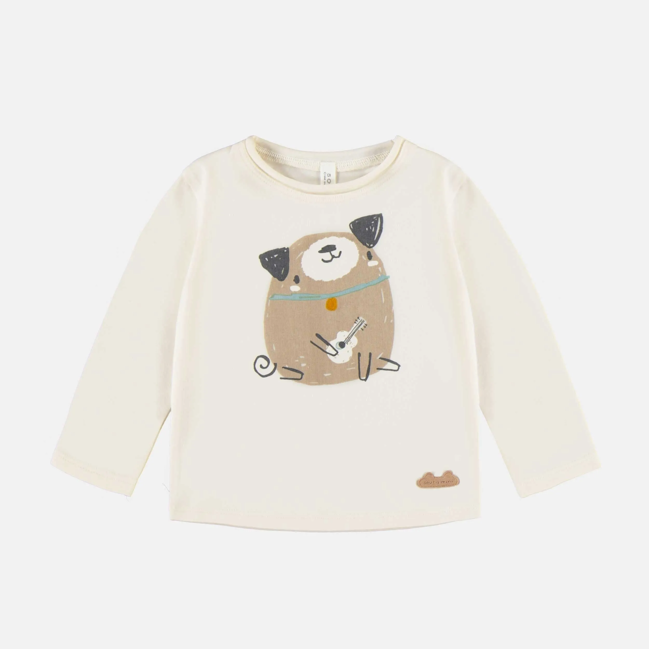 T-shirt à manches longues crème avec un chien illustré en jersey, naissance || Cream long sleeves t-shirt with dog print in jersey, newborn