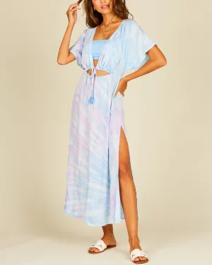 Tie Dye Short Sleeve Cut Out Tassel Side Slit Maxi Dress