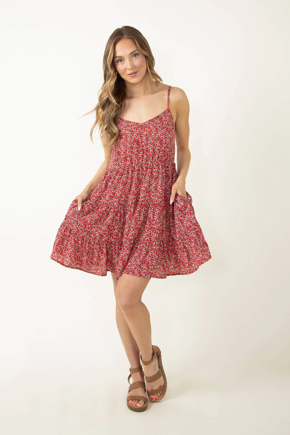 Tiered Floral Dress for Women in Red | YD1375C-RED