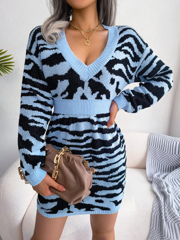 Tiger Print Wool Mini Dress with Lantern Sleeves