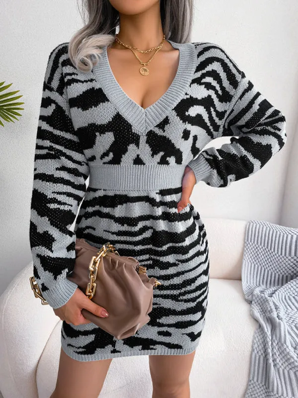 Tiger Print Wool Mini Dress with Lantern Sleeves
