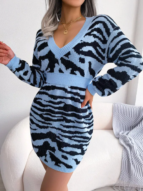 Tiger Print Wool Mini Dress with Lantern Sleeves