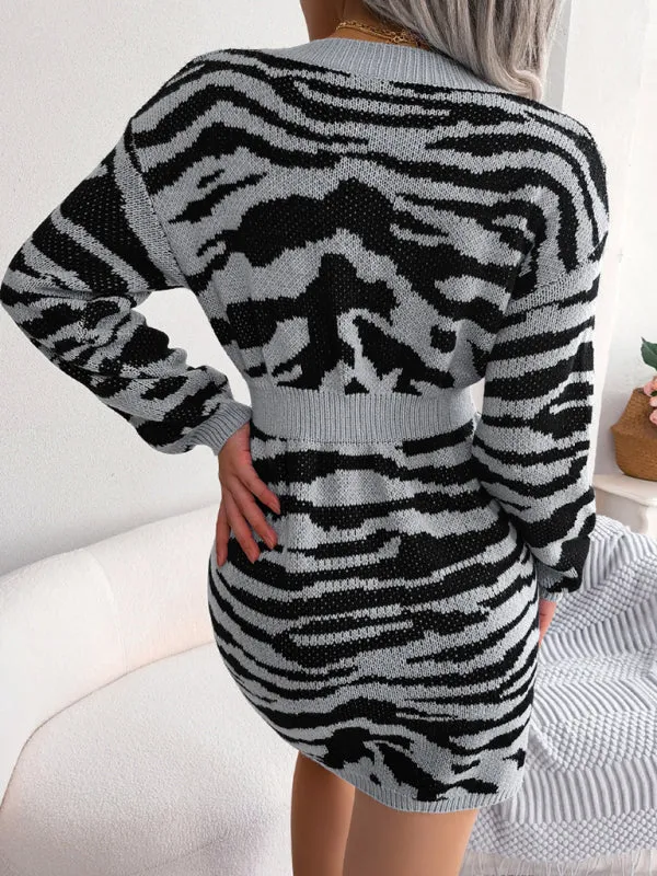 Tiger Print Wool Mini Dress with Lantern Sleeves