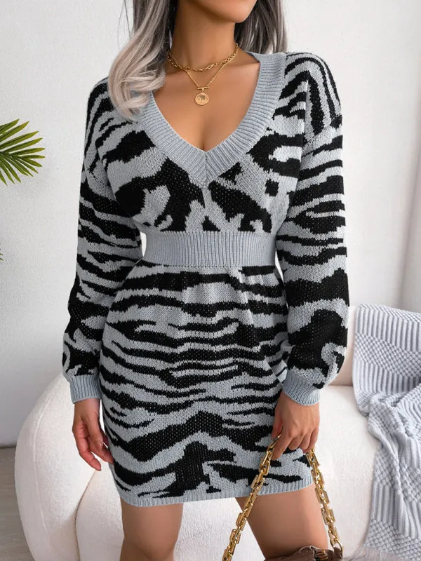 Tiger Print Wool Mini Dress with Lantern Sleeves
