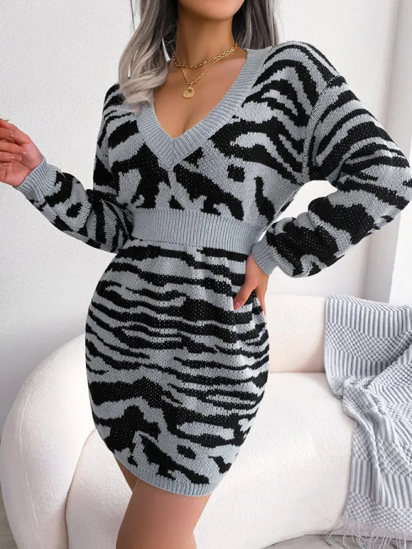 Tiger Print Wool Mini Dress with Lantern Sleeves