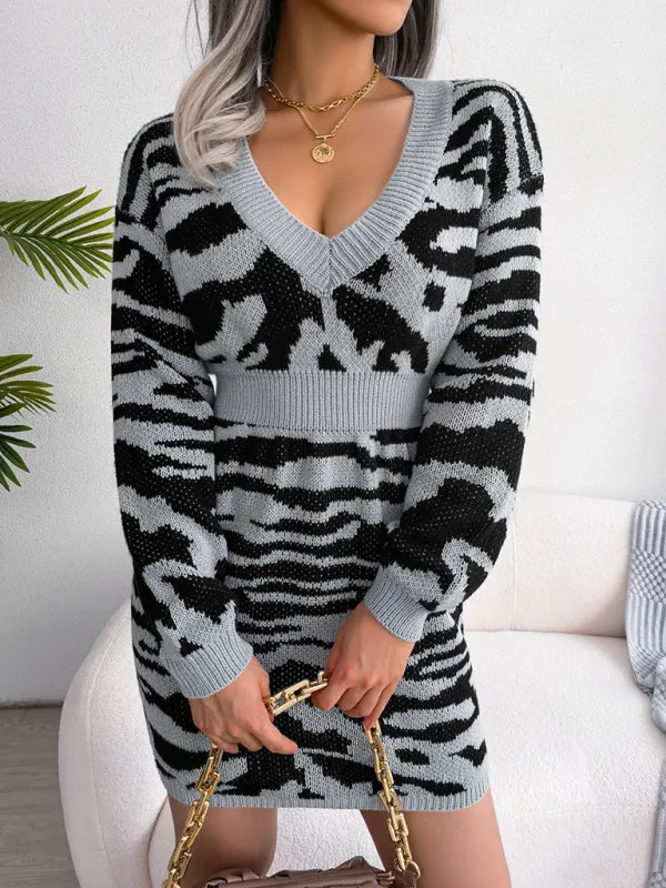Tiger Print Wool Mini Dress with Lantern Sleeves
