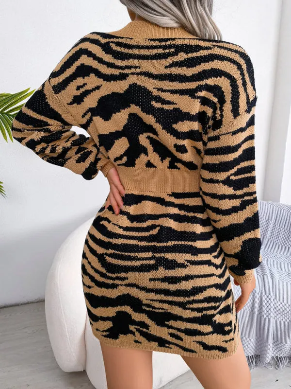 Tiger Print Wool Mini Dress with Lantern Sleeves