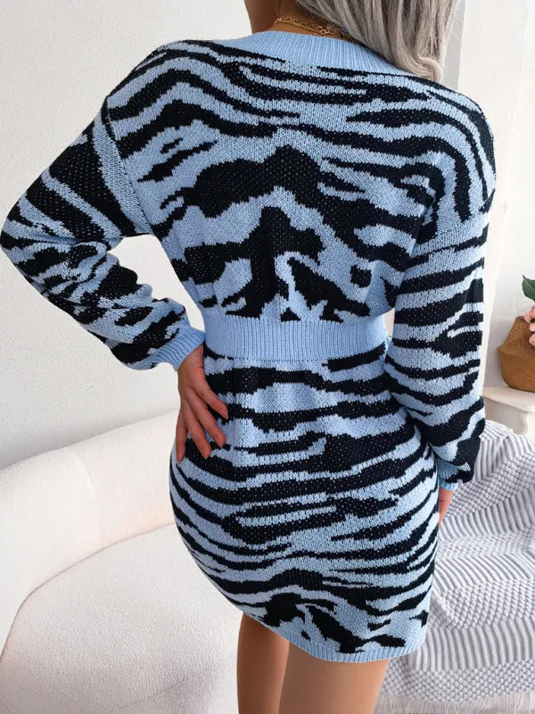 Tiger Print Wool Mini Dress with Lantern Sleeves