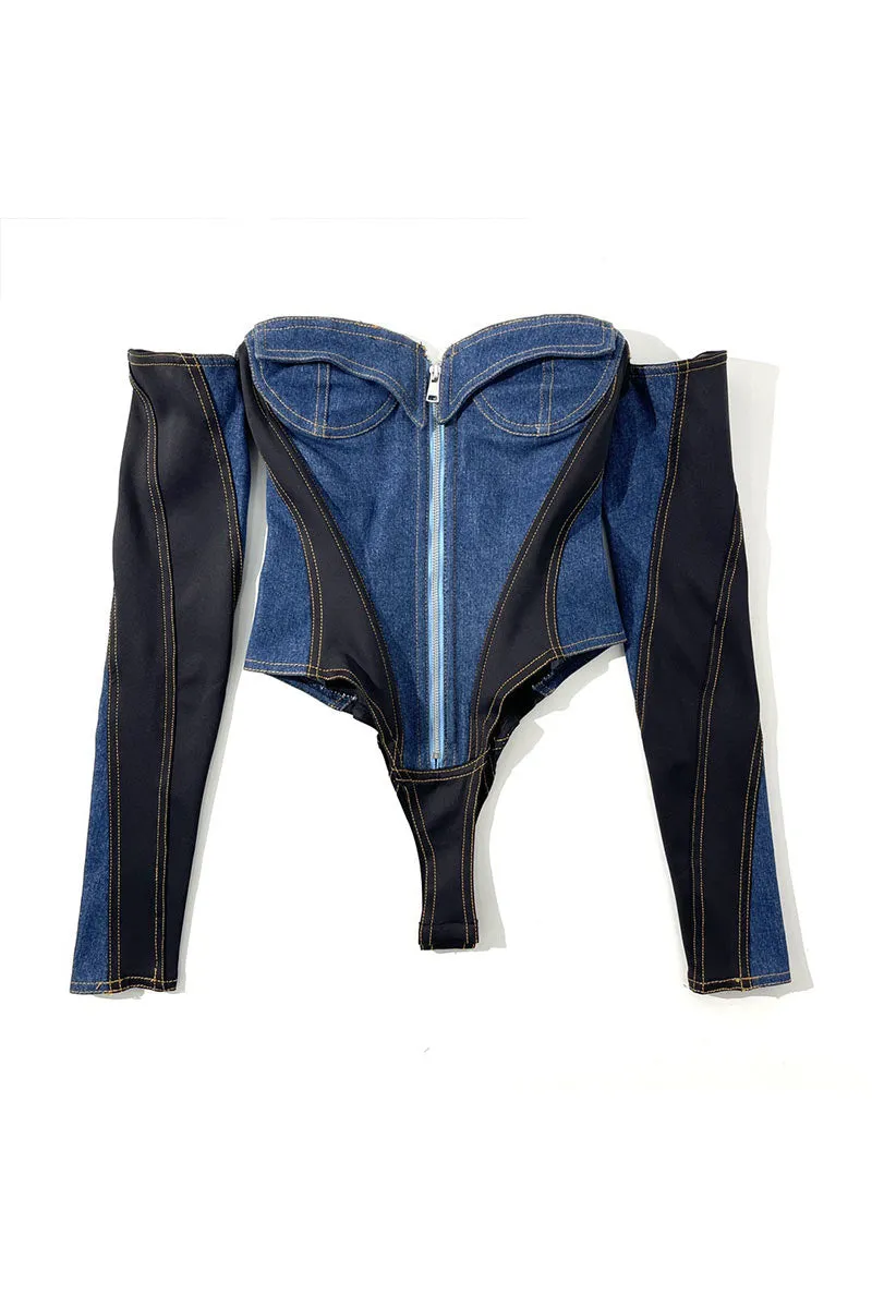 TK0420 Off Shoulder Denim Bodysuit