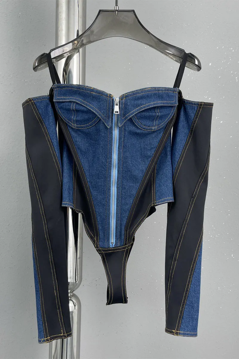 TK0420 Off Shoulder Denim Bodysuit