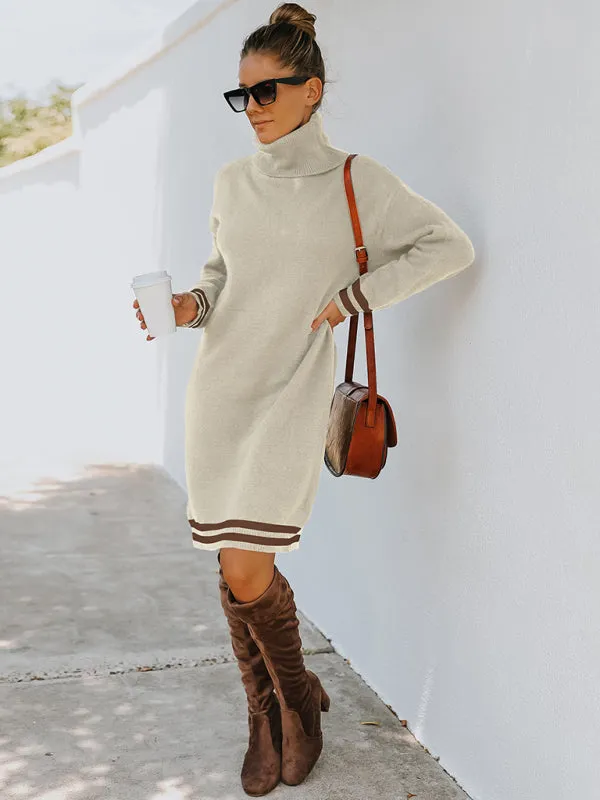Turtleneck Knitted Mini Dress with Stripe Accents
