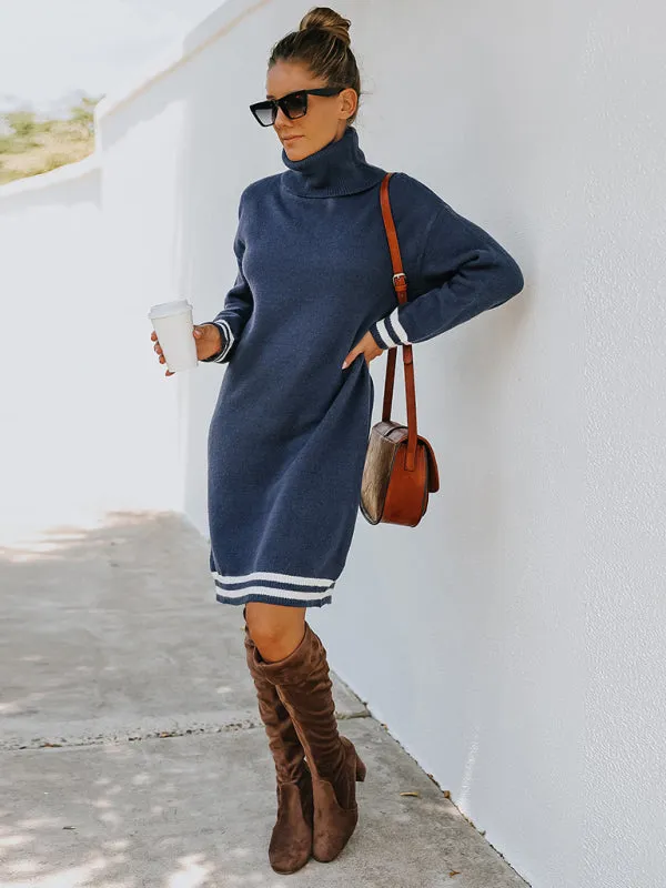 Turtleneck Knitted Mini Dress with Stripe Accents