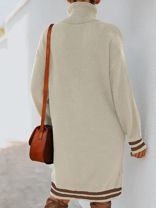 Turtleneck Knitted Mini Dress with Stripe Accents