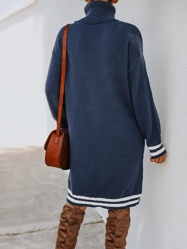 Turtleneck Knitted Mini Dress with Stripe Accents