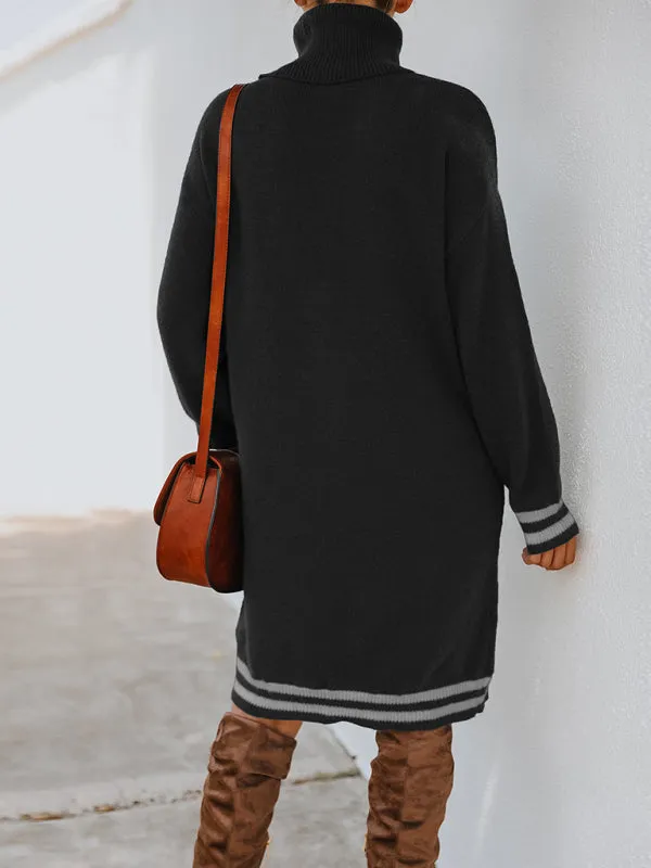 Turtleneck Knitted Mini Dress with Stripe Accents