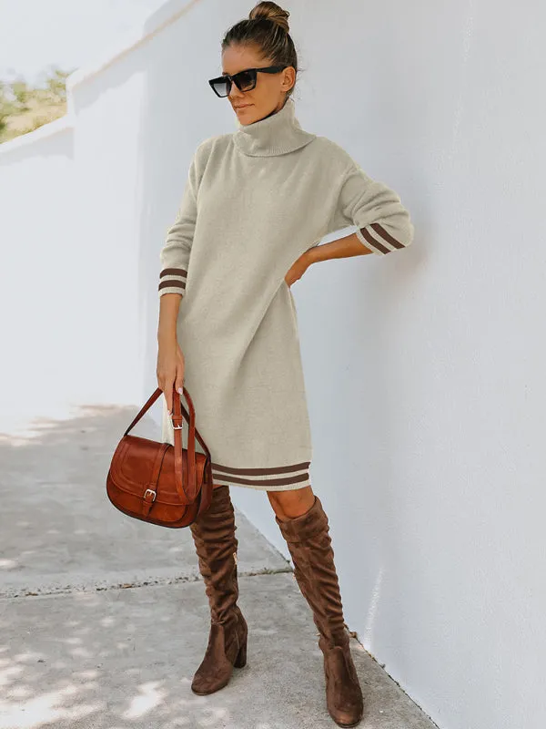 Turtleneck Knitted Mini Dress with Stripe Accents