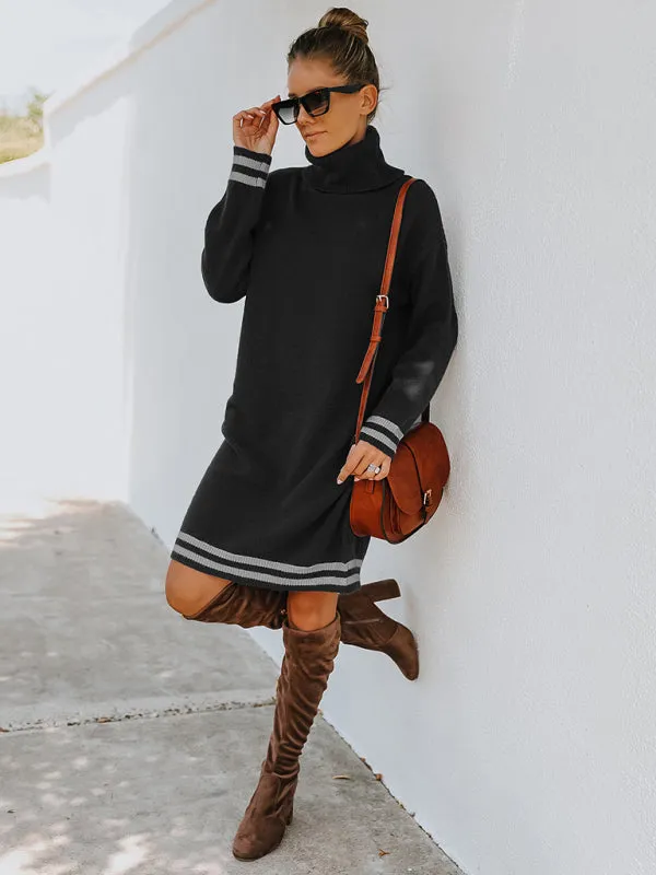 Turtleneck Knitted Mini Dress with Stripe Accents