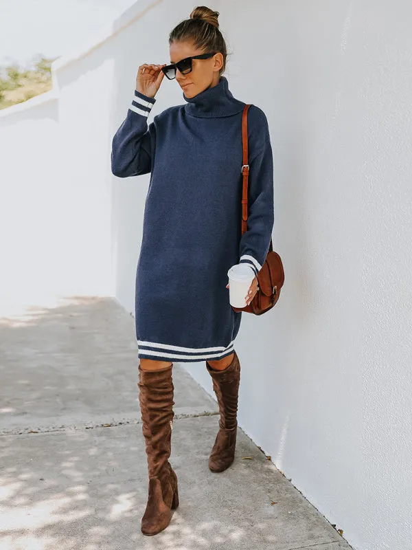 Turtleneck Knitted Mini Dress with Stripe Accents
