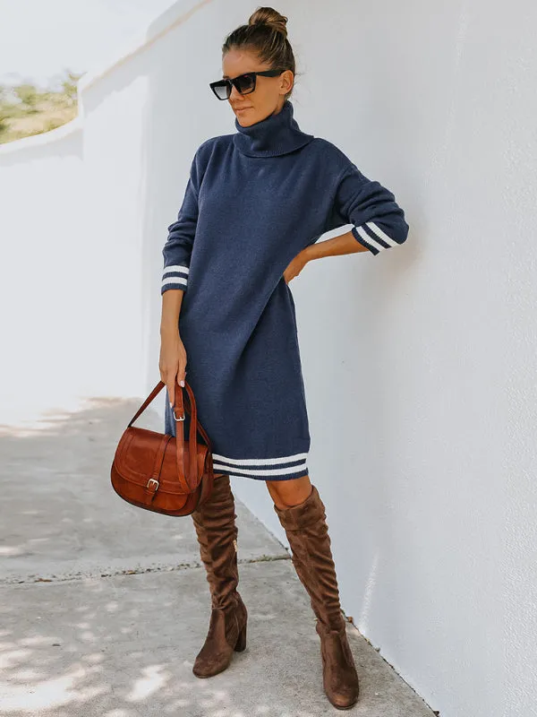 Turtleneck Knitted Mini Dress with Stripe Accents