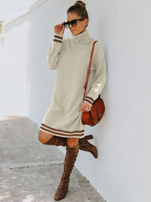 Turtleneck Knitted Mini Dress with Stripe Accents